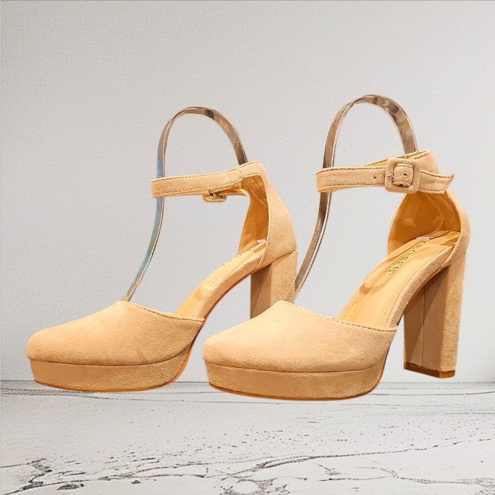 Nude Faux Suede Chunky Heel Platform Ankle Strap Pumps